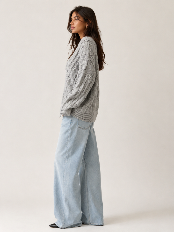Cable Knit V-Neck Cardigan — Grey Marl