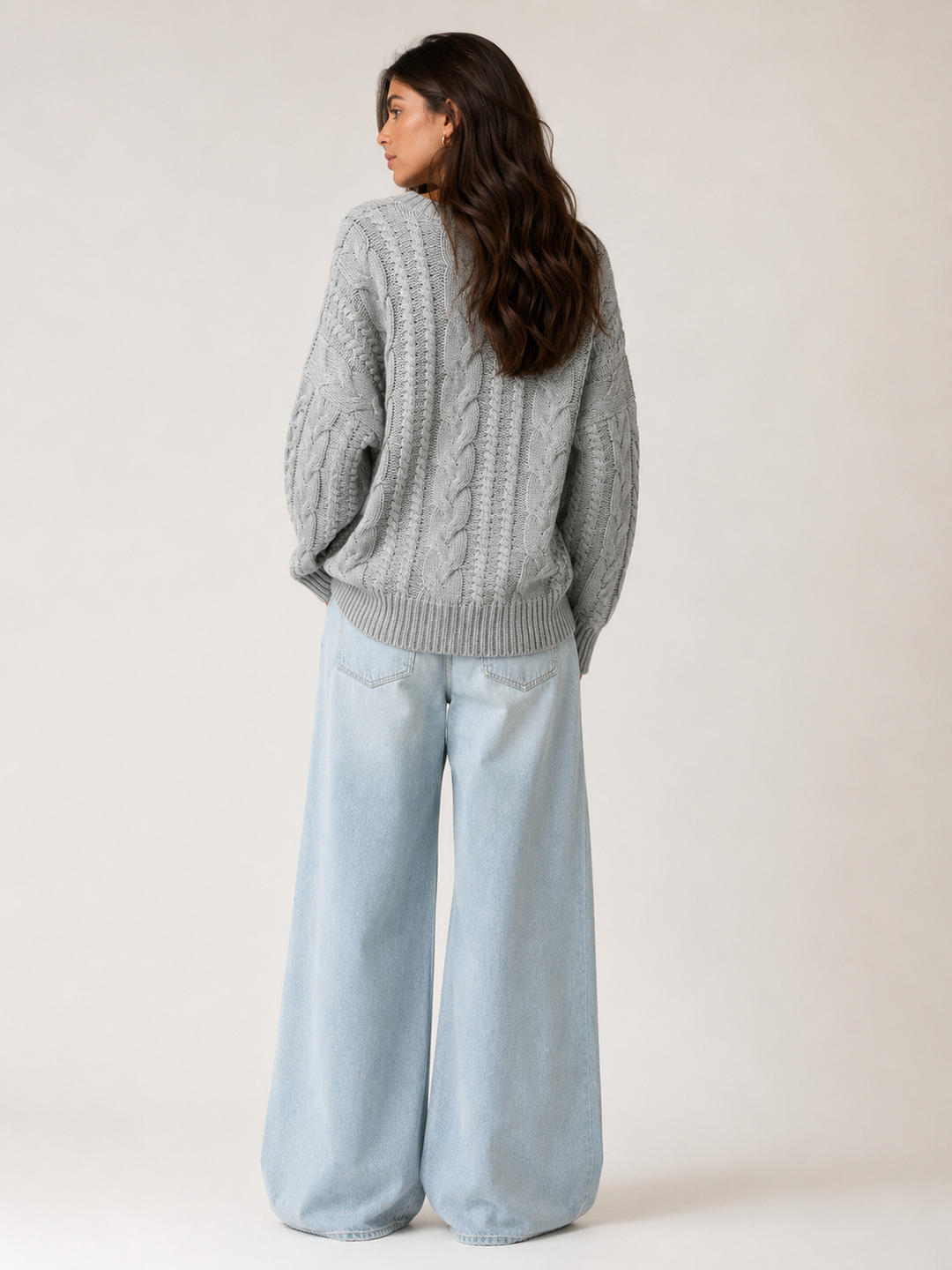 Cable Knit V-Neck Cardigan — Grey Marl