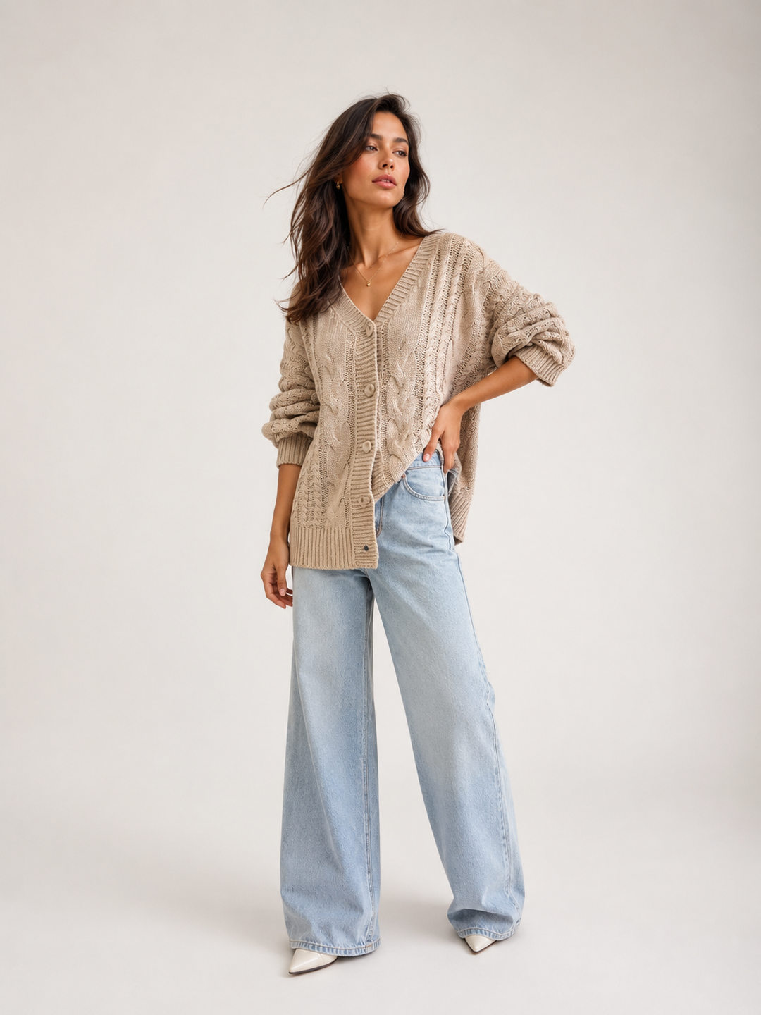 Cable Knit V-Neck Cardigan — Mocha