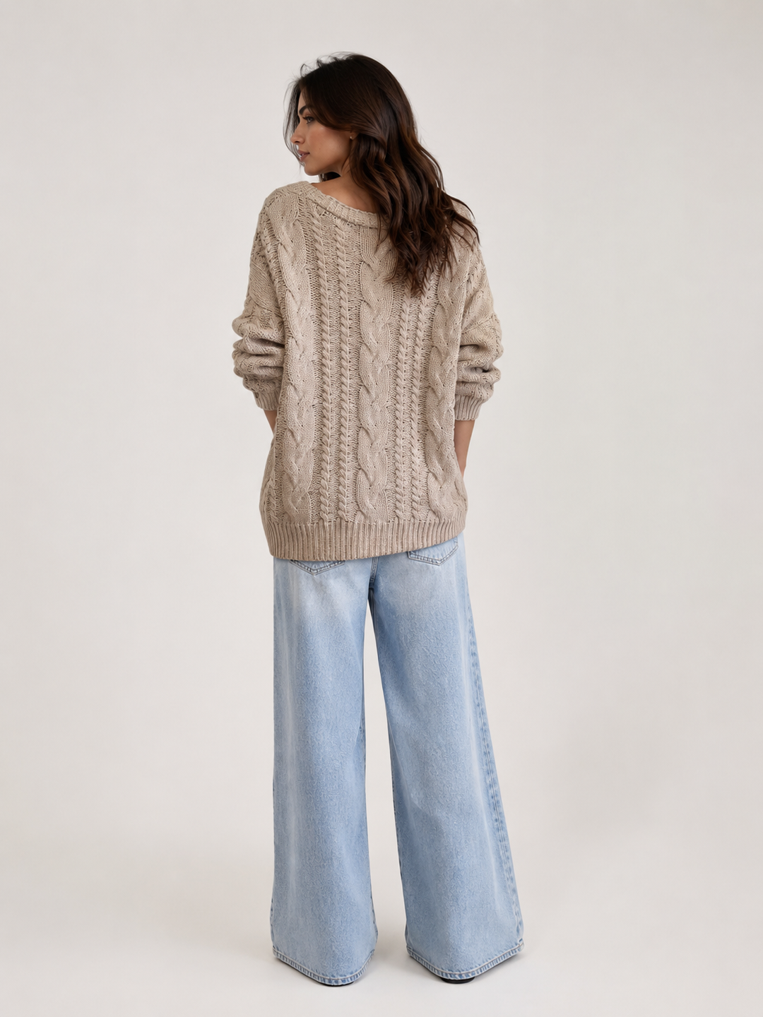 Cable Knit V-Neck Cardigan — Mocha