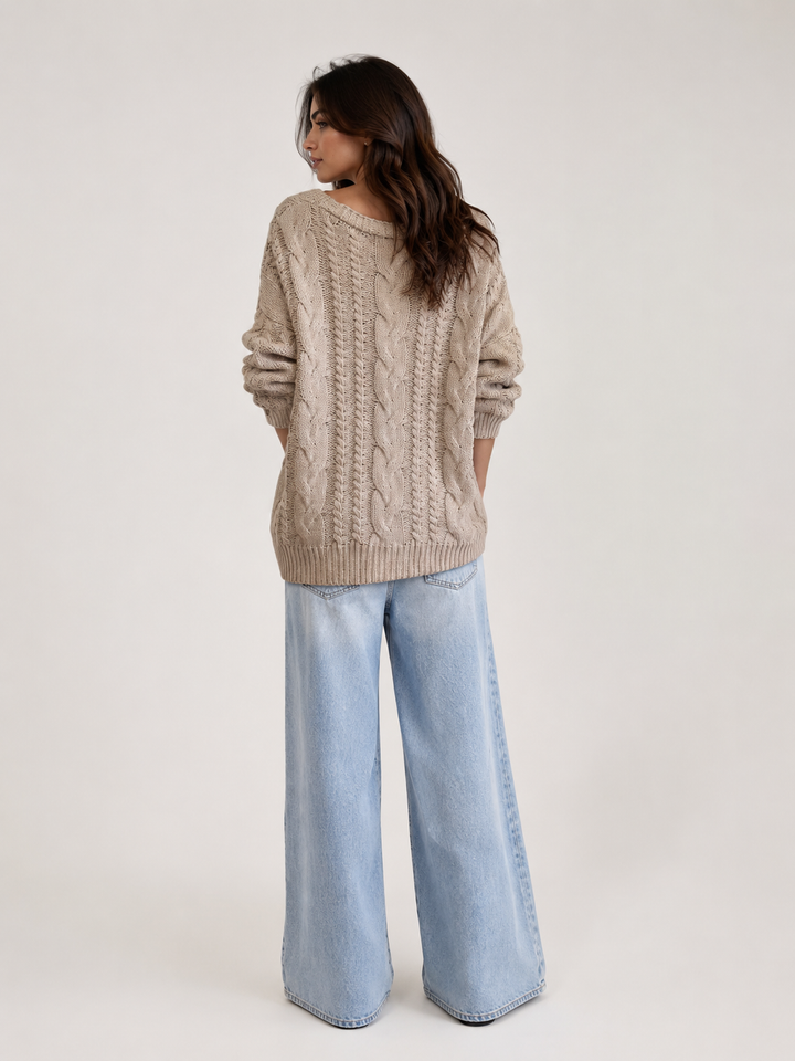 Cable Knit V-Neck Cardigan — Mocha
