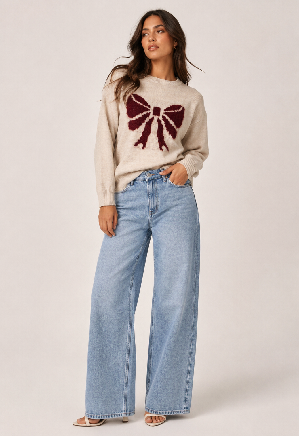 Bow Motif Crew Neck Sweater — Grey Marl