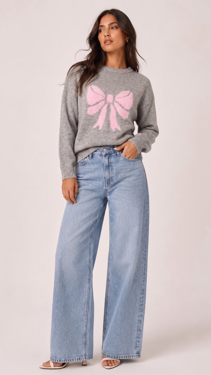 Bow Motif Crew Neck Sweater — Grey Marl