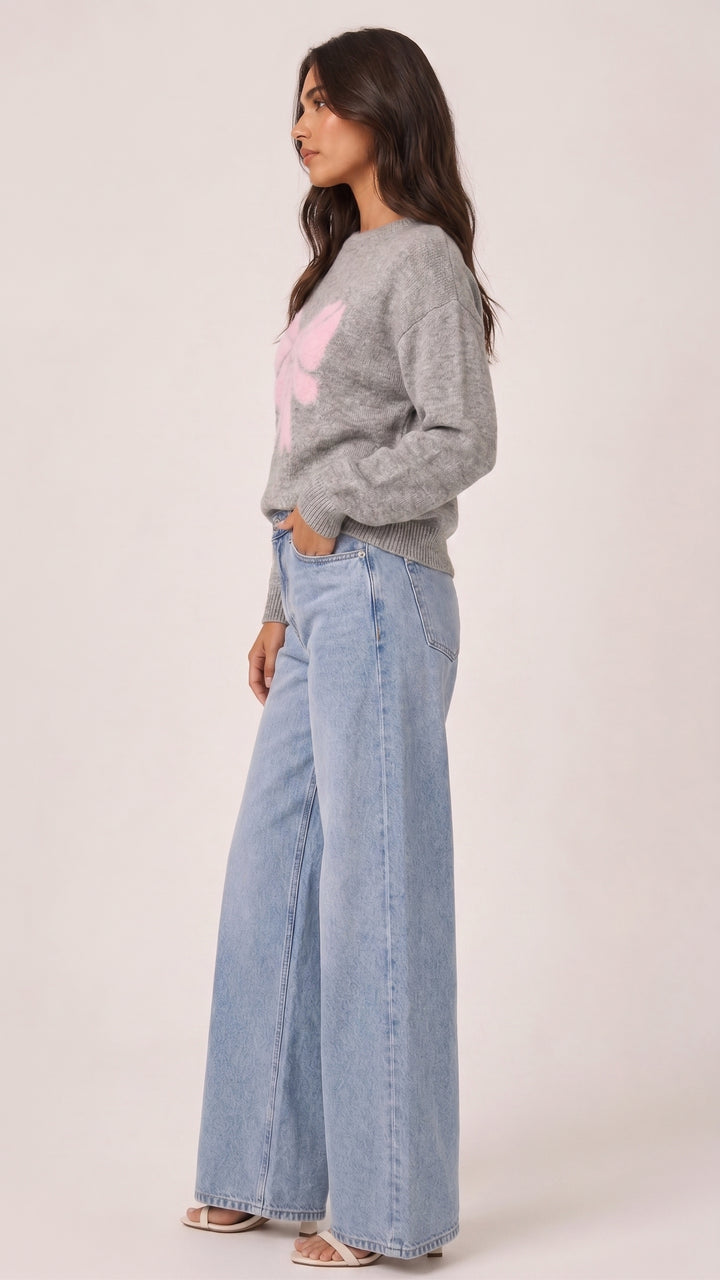 Bow Motif Crew Neck Sweater — Grey Marl