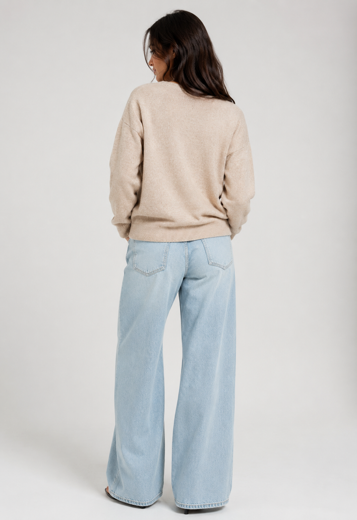 Bow Motif Crew Neck Sweater — Grey Marl
