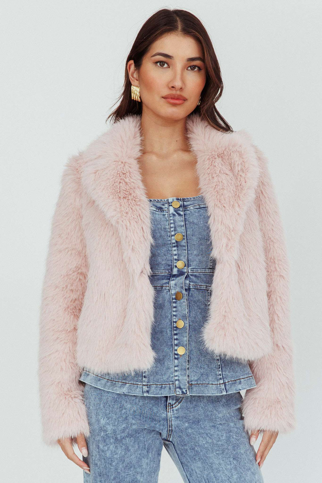 Cropped Faux Fur Jacket — Blush