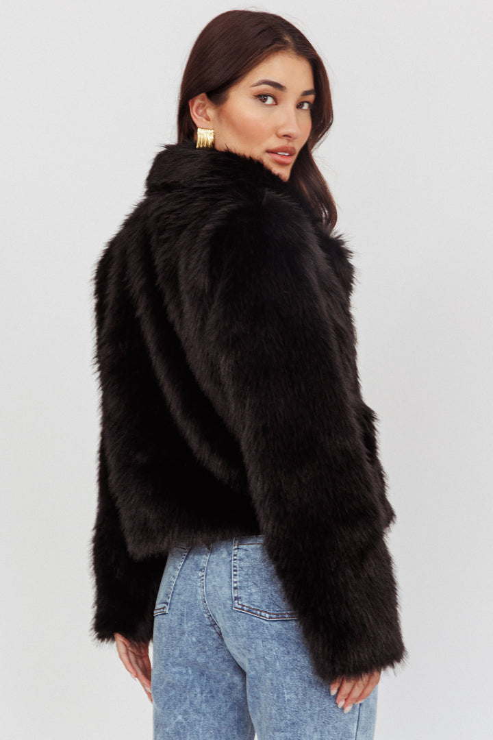 Cropped Faux Fur Jacket — Black