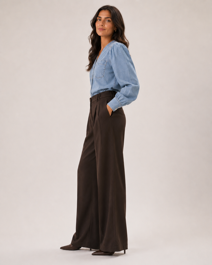 Soft Pleated Wide-Leg Pants - Chocolate