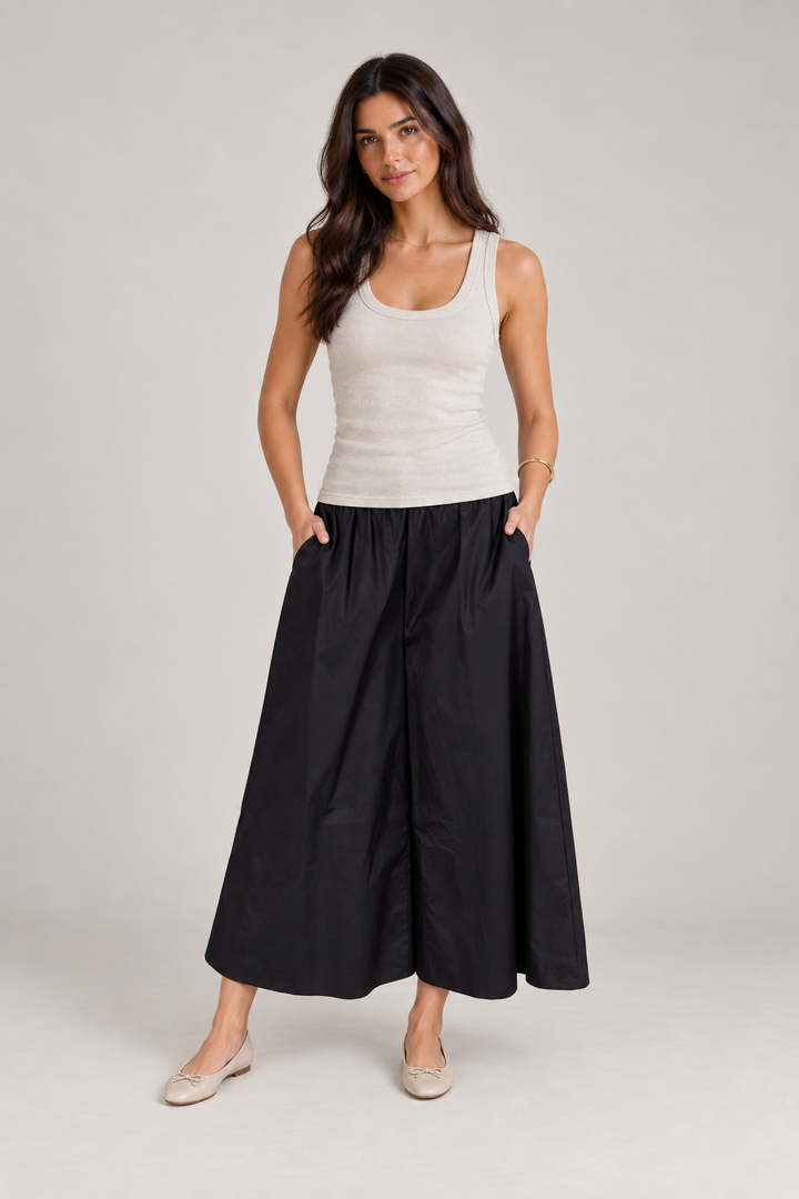 Cot Waist Gather Detail Culottes - BK
