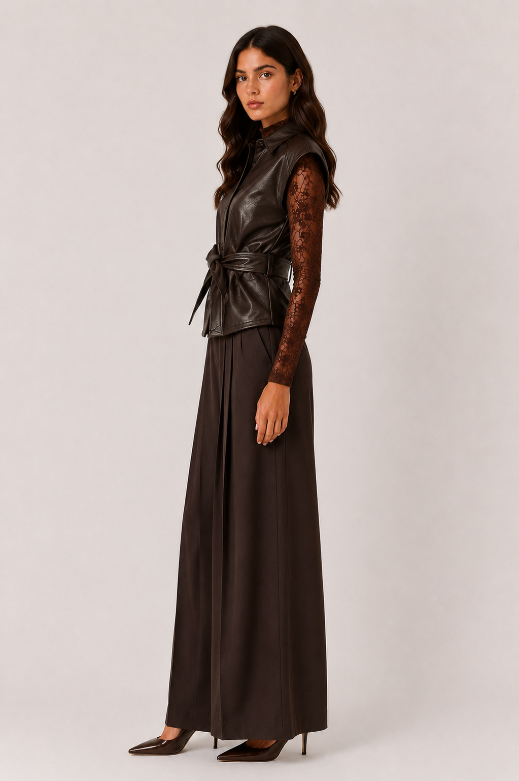 Wide-Leg Pleated Trousers — Brown