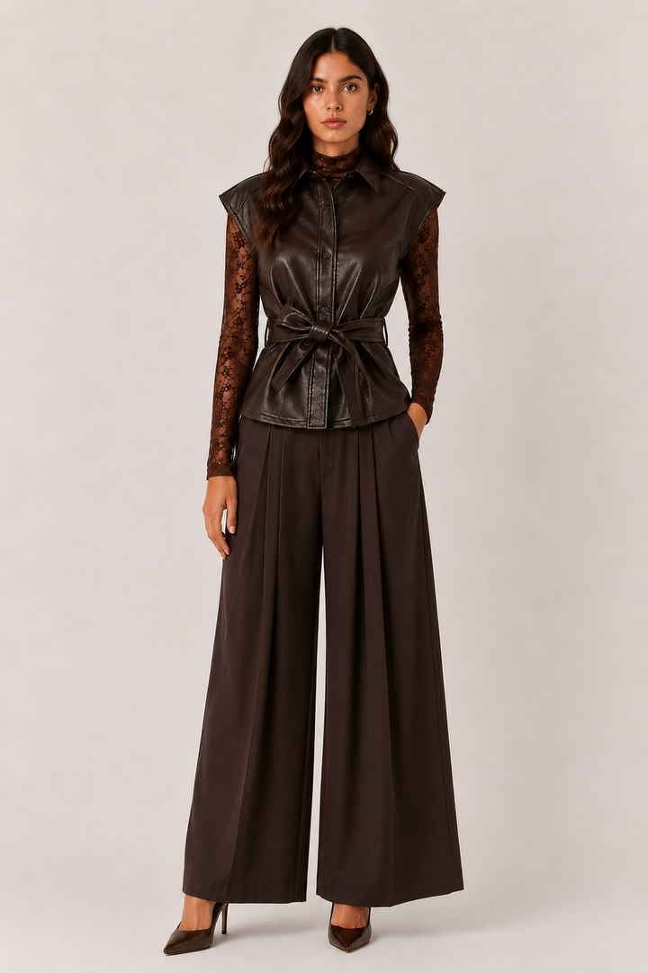 Wide-Leg Pleated Trousers — Brown