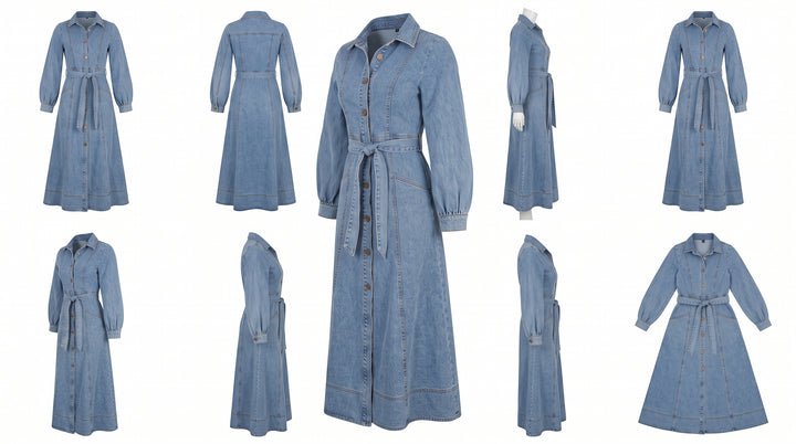 Denim Balloon Sleeve Maxi Dress - Light Wash