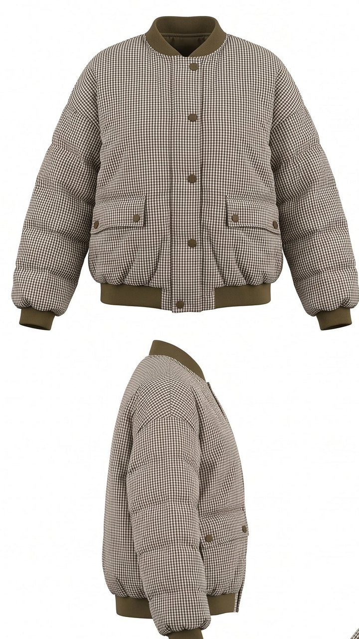 Gingham Check Puffer Bomber - Brown Check
