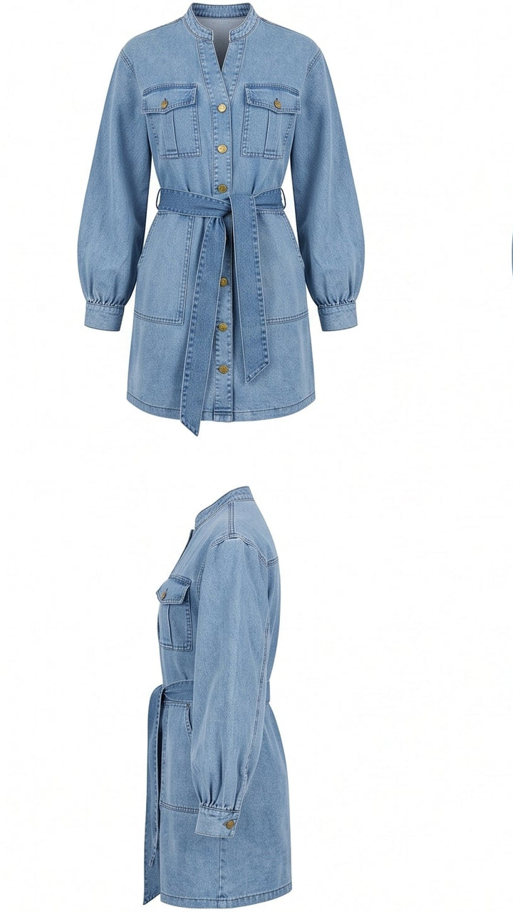 Denim Balloon Sleeve Mini Dress - Denim Wash