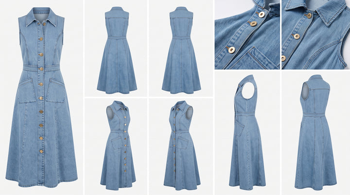 Denim Collared V-Neck Midi Dress - Light Blue