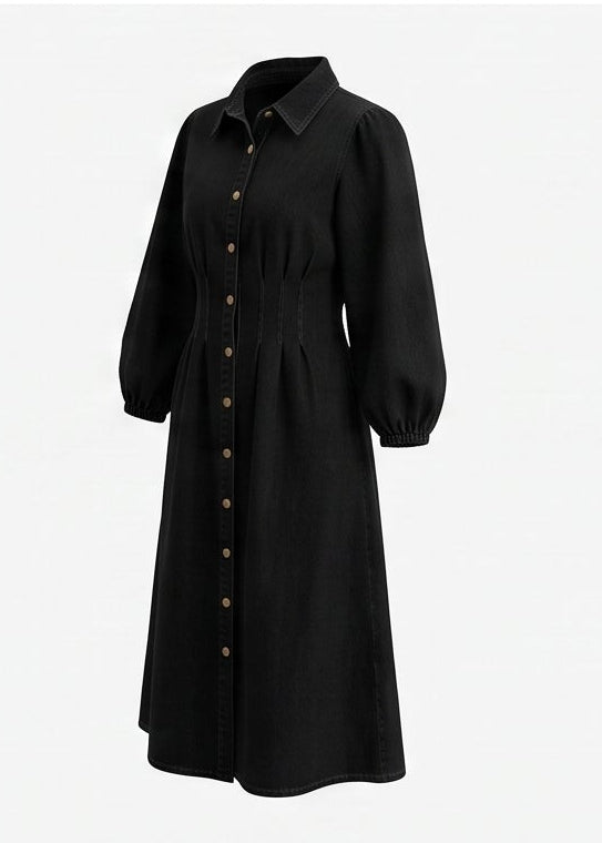 Denim Maxi Shirt Dress - Black
