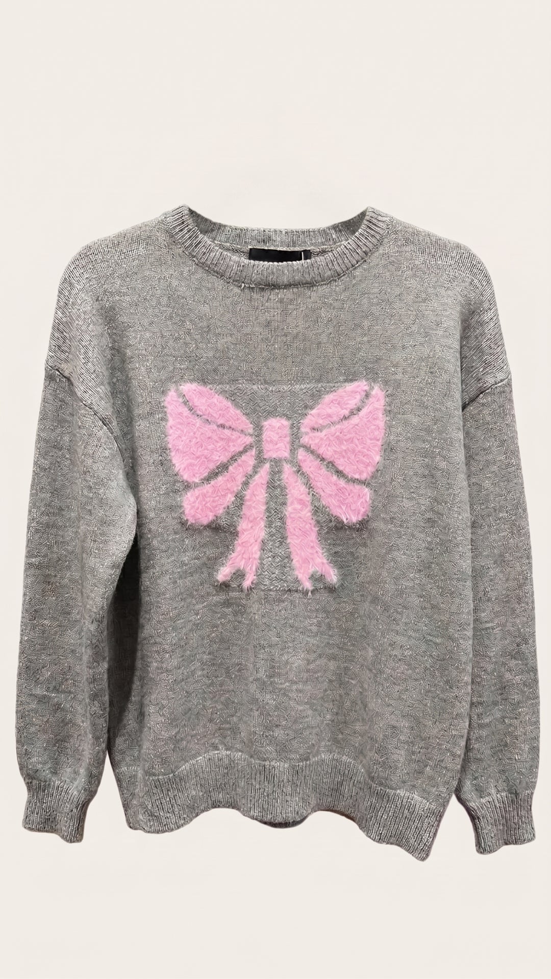Bow Motif Crew Neck Sweater — Grey Marl