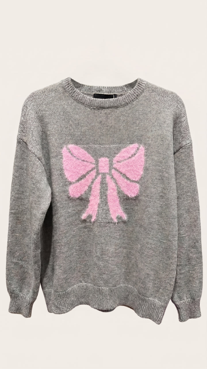 Bow Motif Crew Neck Sweater — Grey Marl