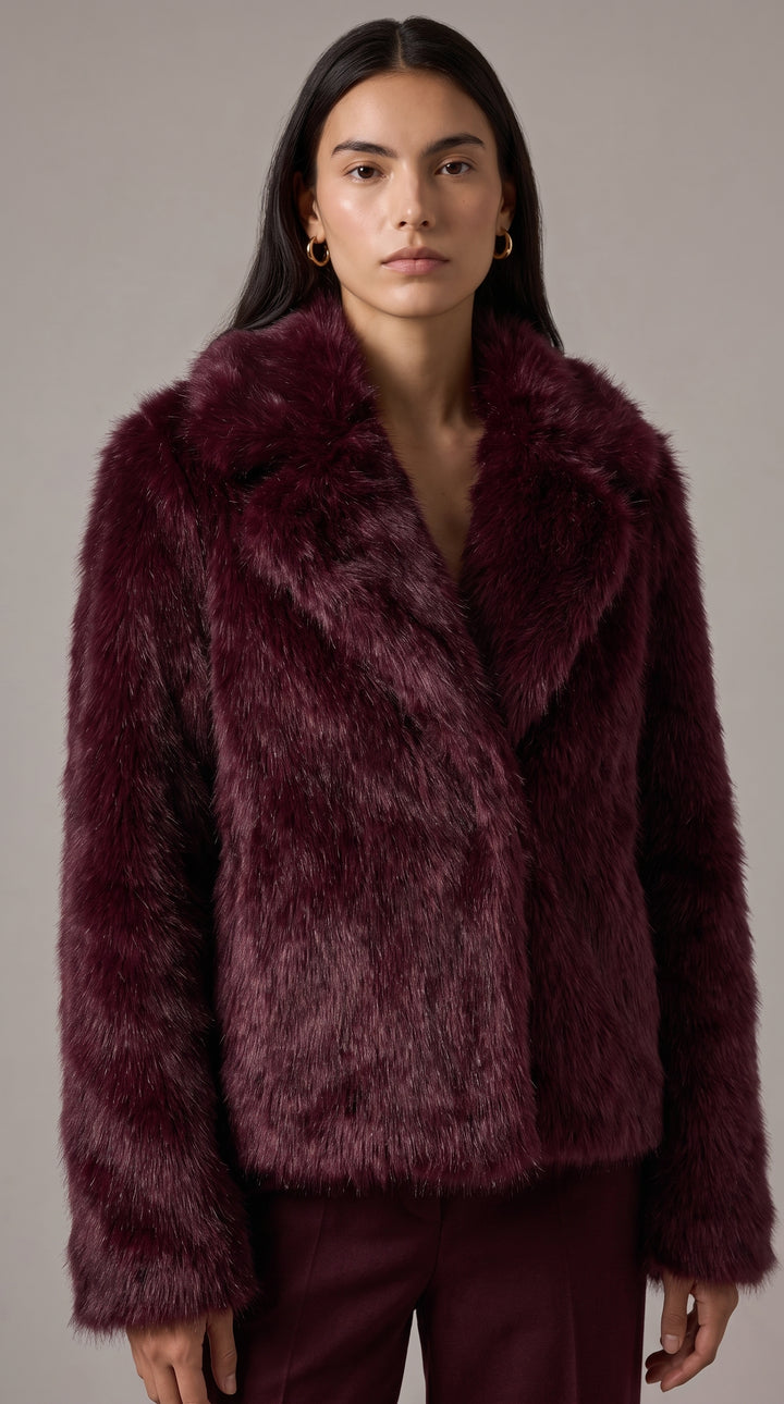 Faux Fur Cropped Jacket - Burgundy