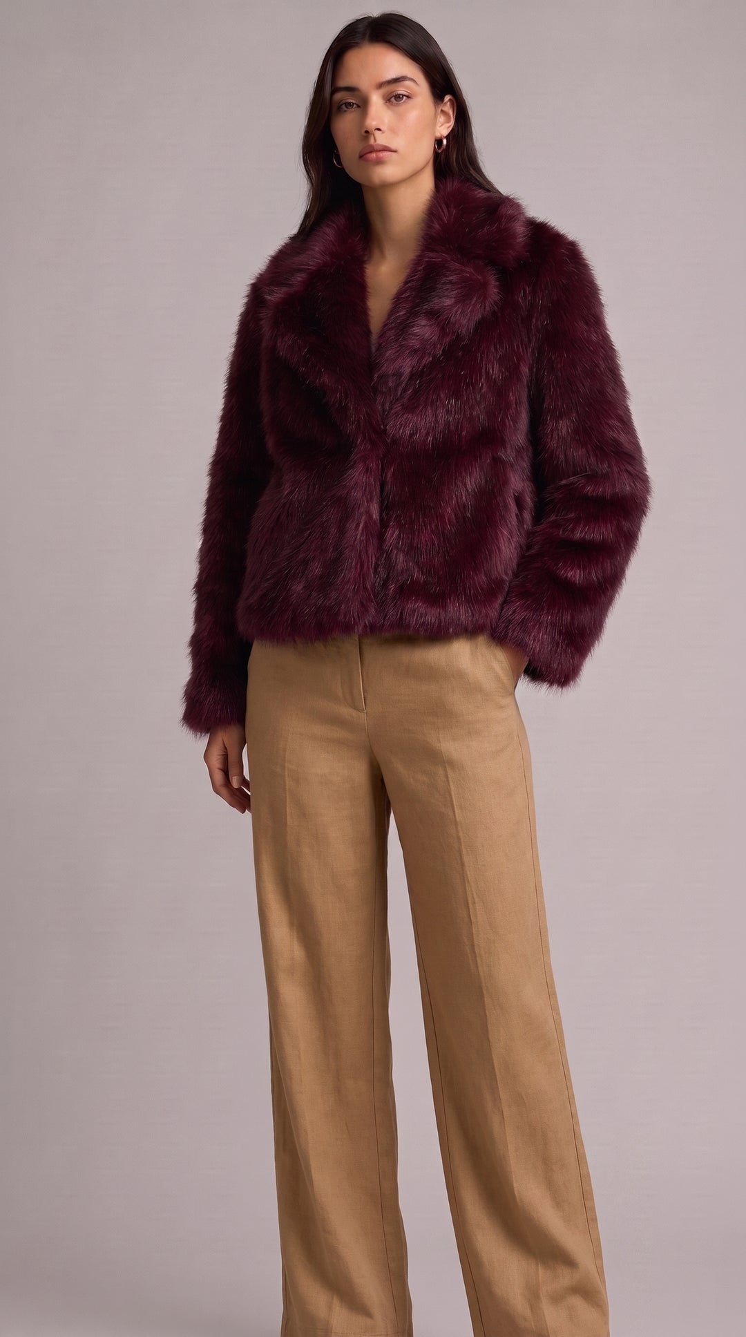 Faux Fur Cropped Jacket - Burgundy
