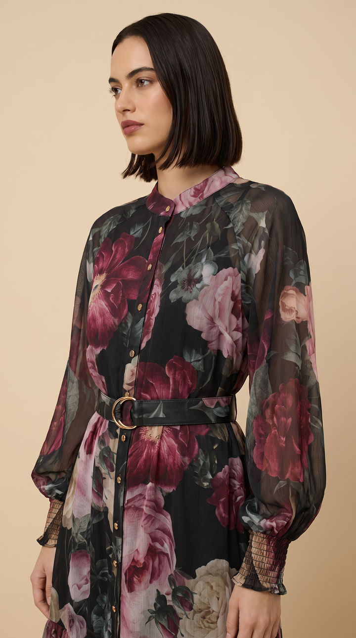 Floral Print Balloon Sleeve Maxi Dress - Floral