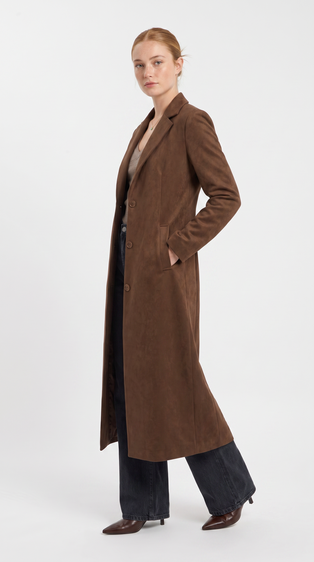 Longline Suede Coat - Chocolate
