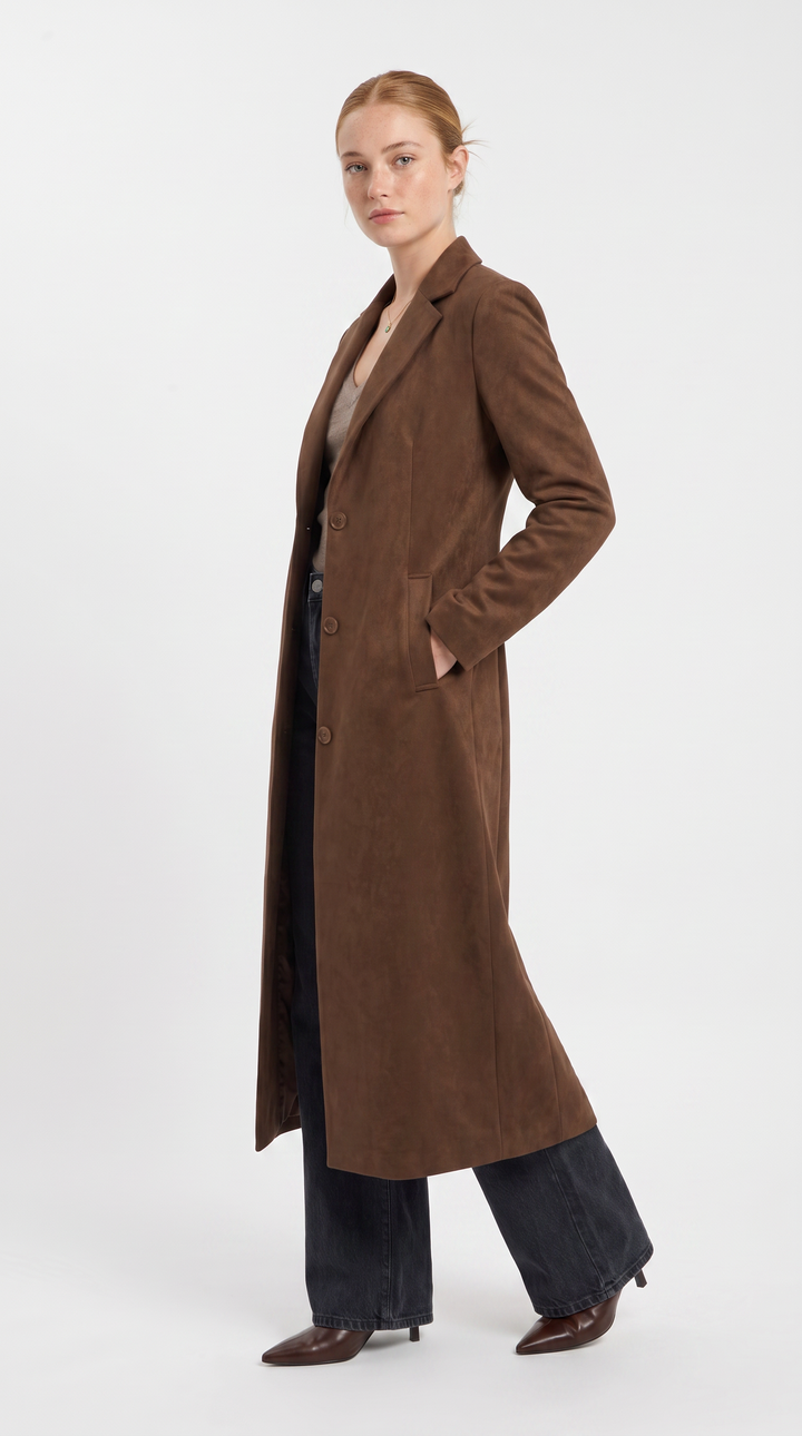 Longline Suede Coat - Chocolate