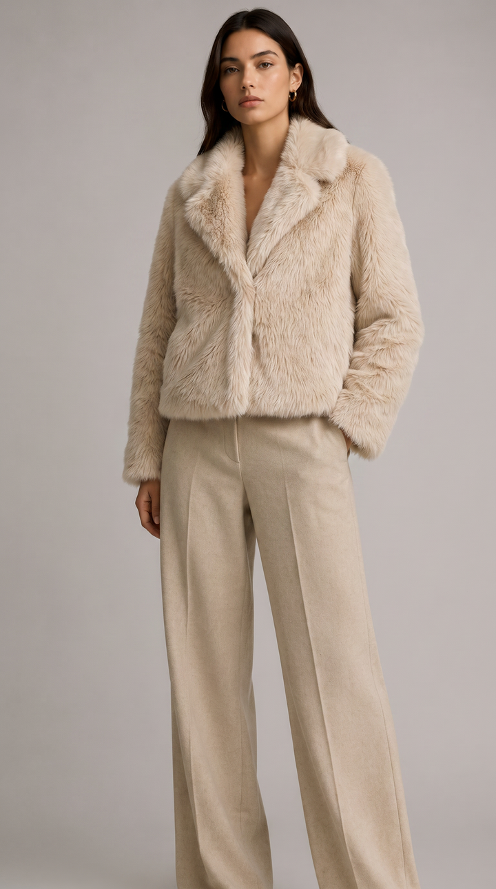 Faux Fur Cropped Jacket - Beige
