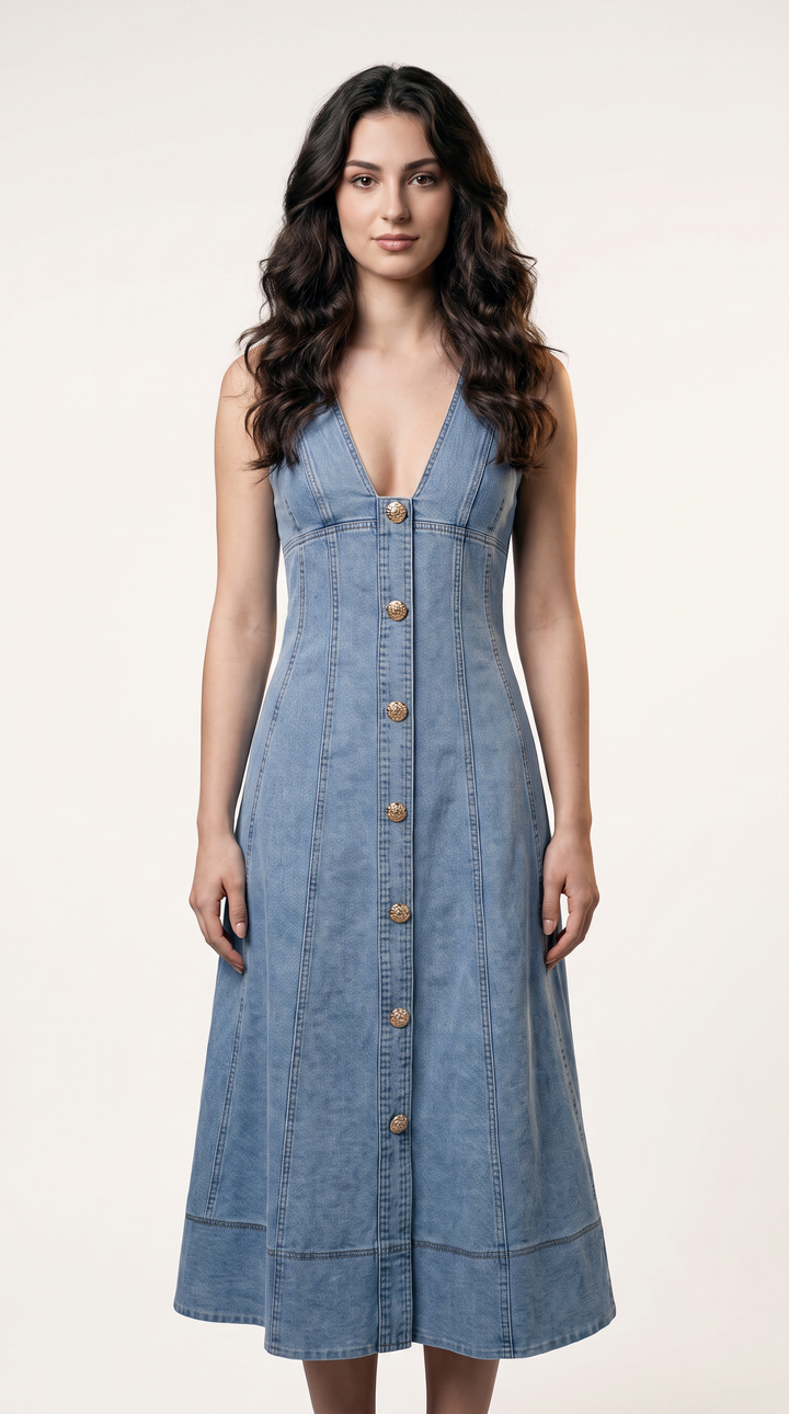 Denim Flared Midi Dress - Light Wash