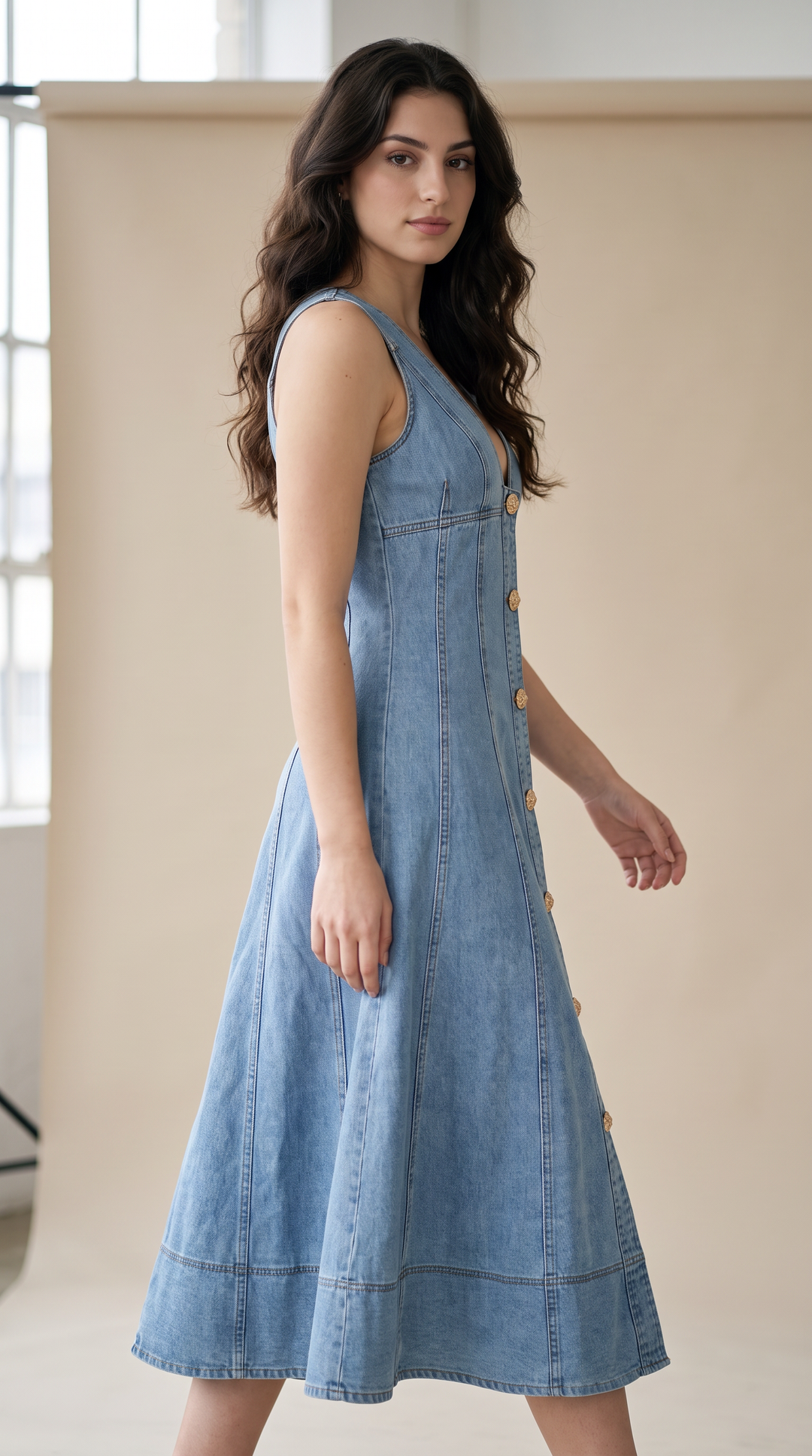 Denim Flared Midi Dress - Light Wash