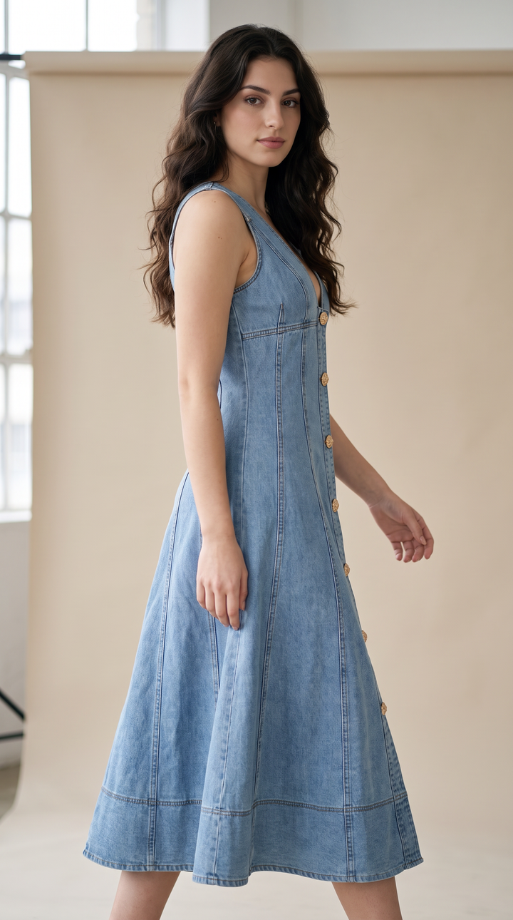 Denim Flared Midi Dress - Light Wash