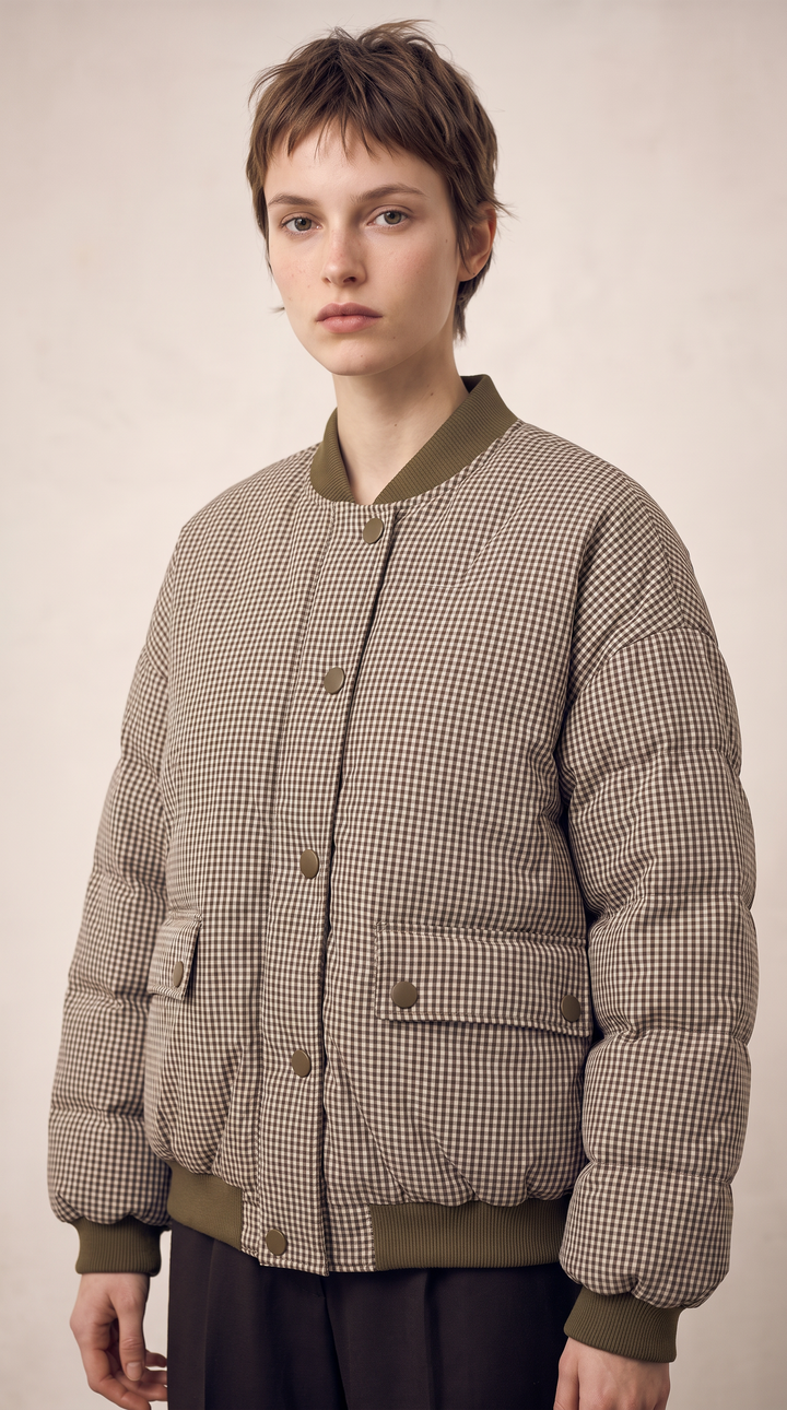 Gingham Check Puffer Bomber - Brown Check