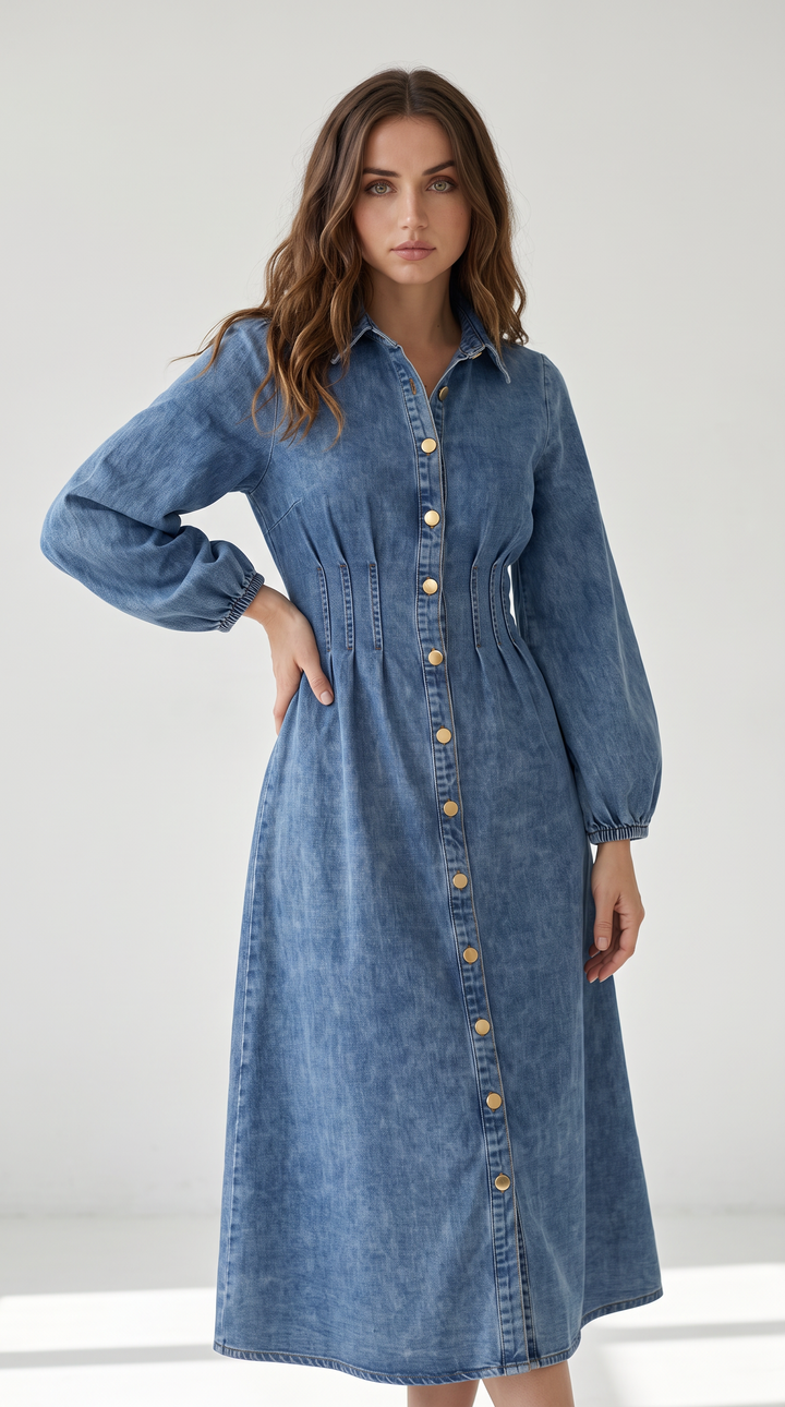 Denim Maxi Shirt Dress - Mid Wash