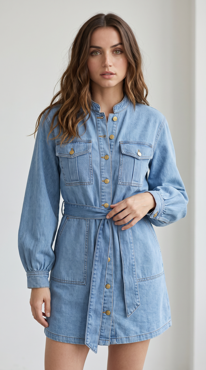 Denim Balloon Sleeve Mini Dress - Denim Wash