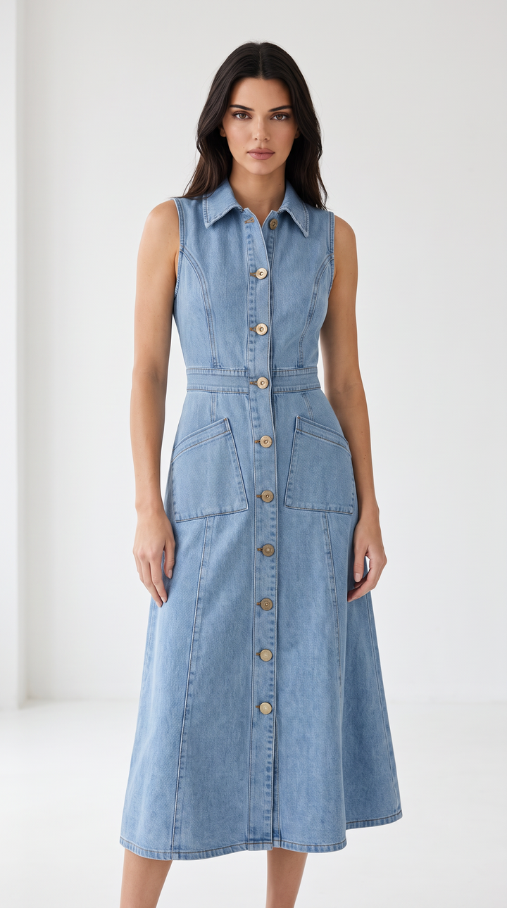 Denim Collared V-Neck Midi Dress - Light Blue