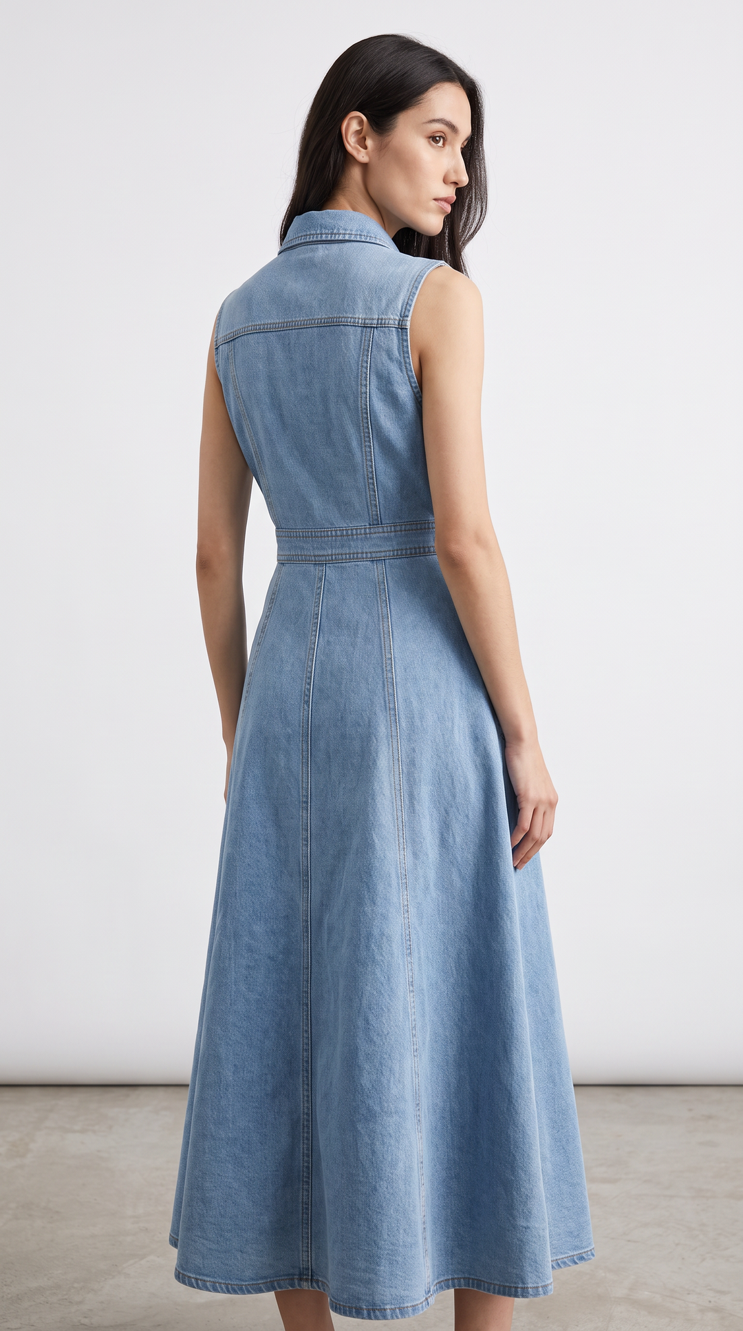 Denim Collared V-Neck Midi Dress - Light Blue