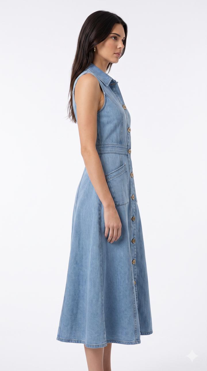 Denim Collared V-Neck Midi Dress - Light Blue