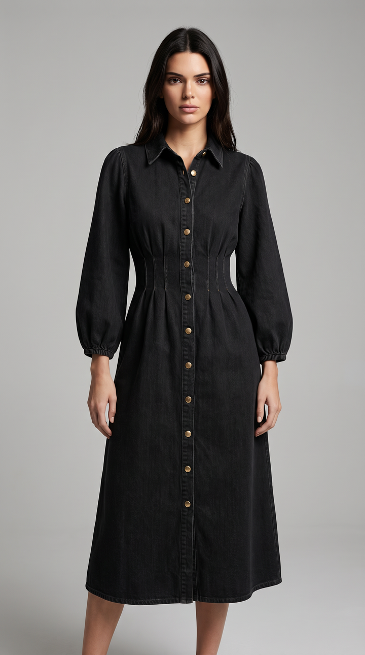 Denim Maxi Shirt Dress - Black