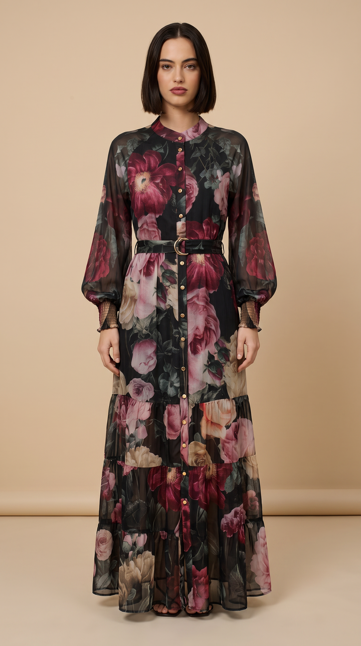 Floral Print Balloon Sleeve Maxi Dress - Floral