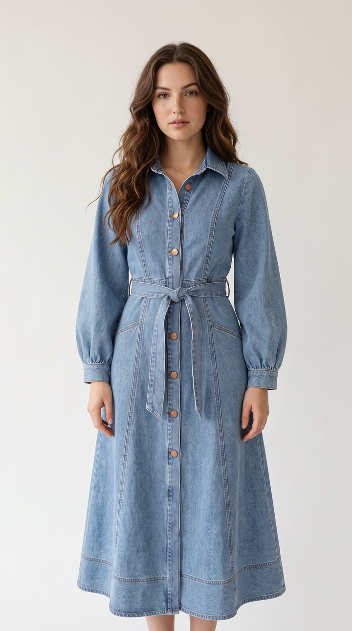 Denim Balloon Sleeve Maxi Dress - Light Wash