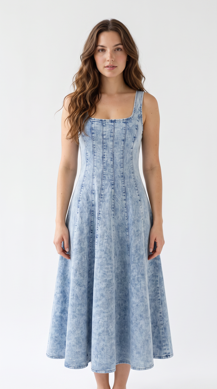 Denim Strappy Midi Dress - Light Denim