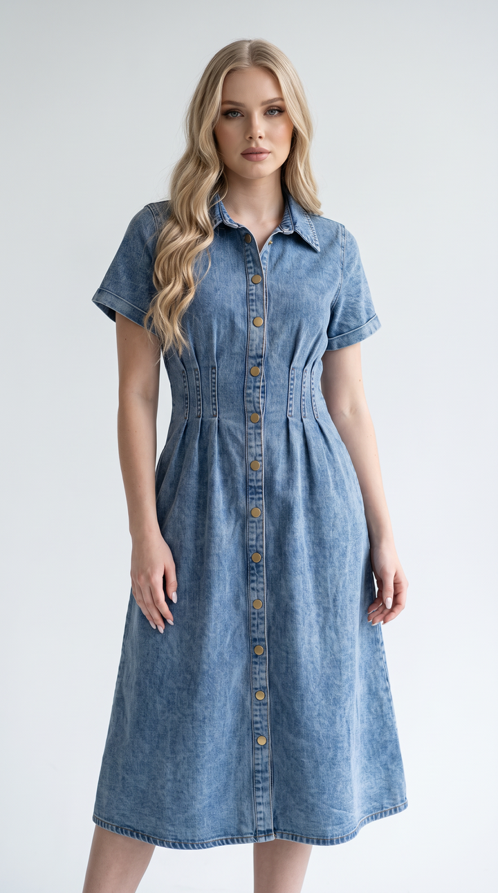 Denim Button-Through Midi Dress - Light Denim