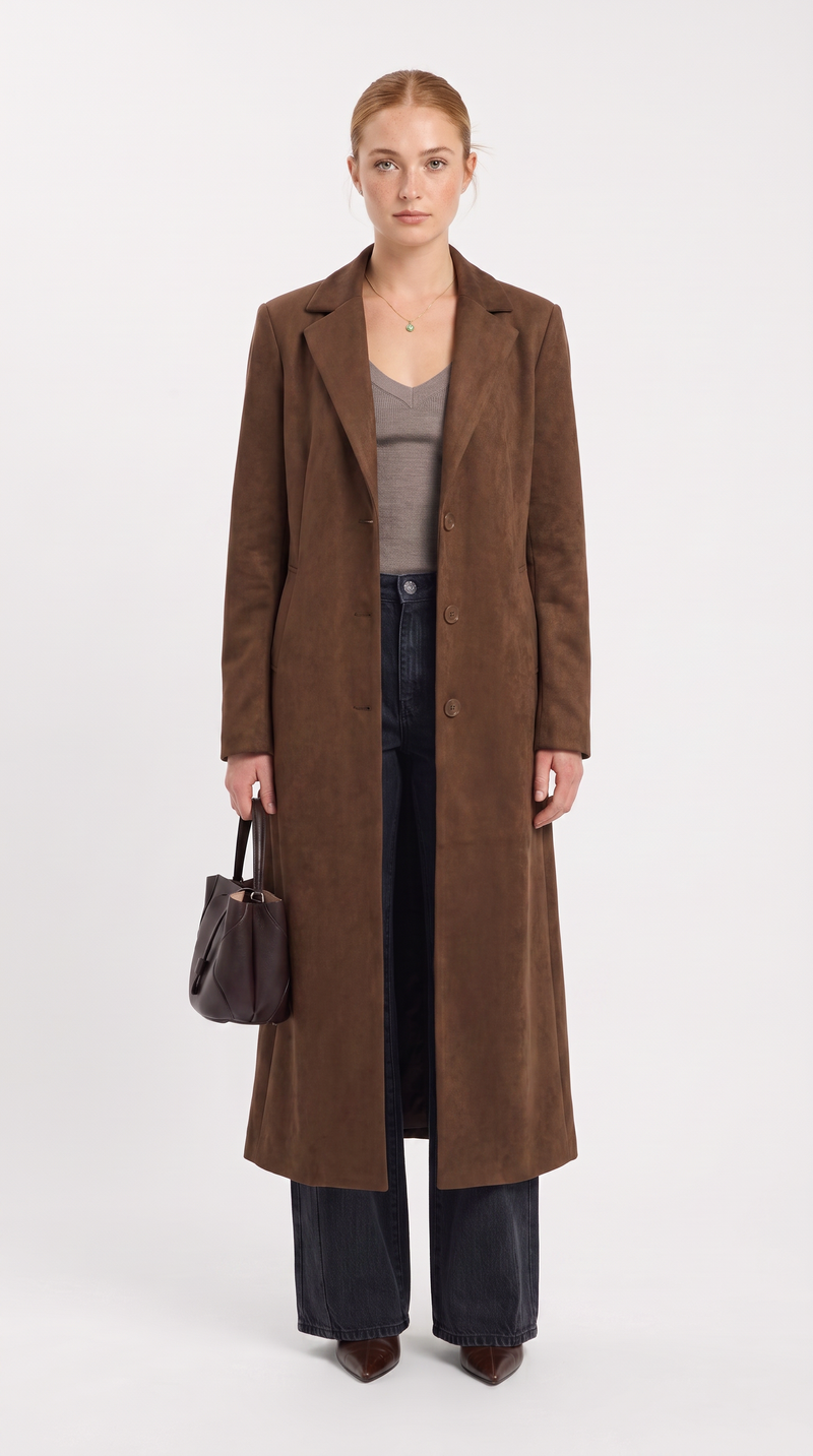 Longline Suede Coat With Adjustable Waist Buckle - Chocolate
