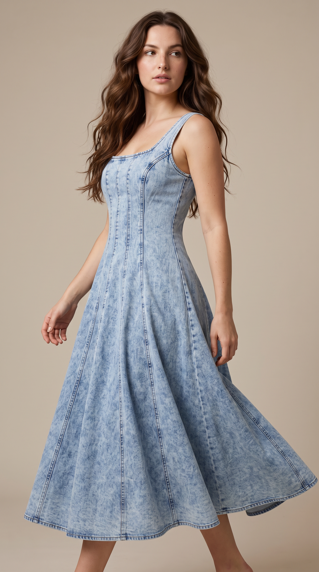 Denim Strappy Midi Dress - Light Denim