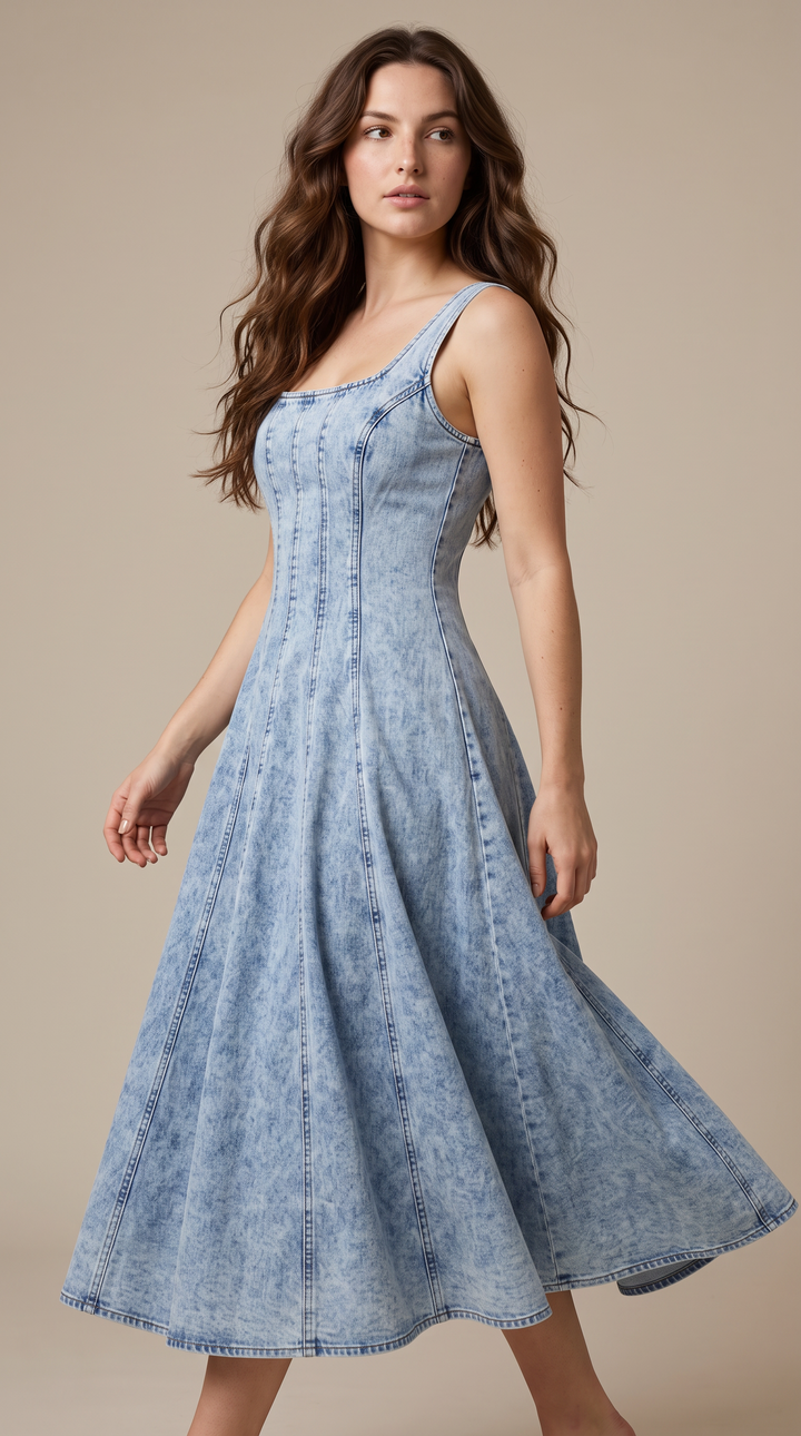 Denim Strappy Midi Dress - Light Denim