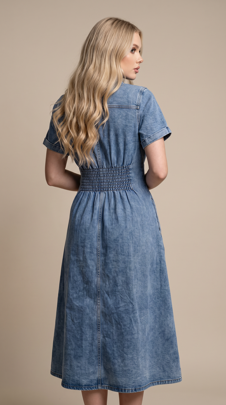 Denim Button-Through Midi Dress - Light Denim