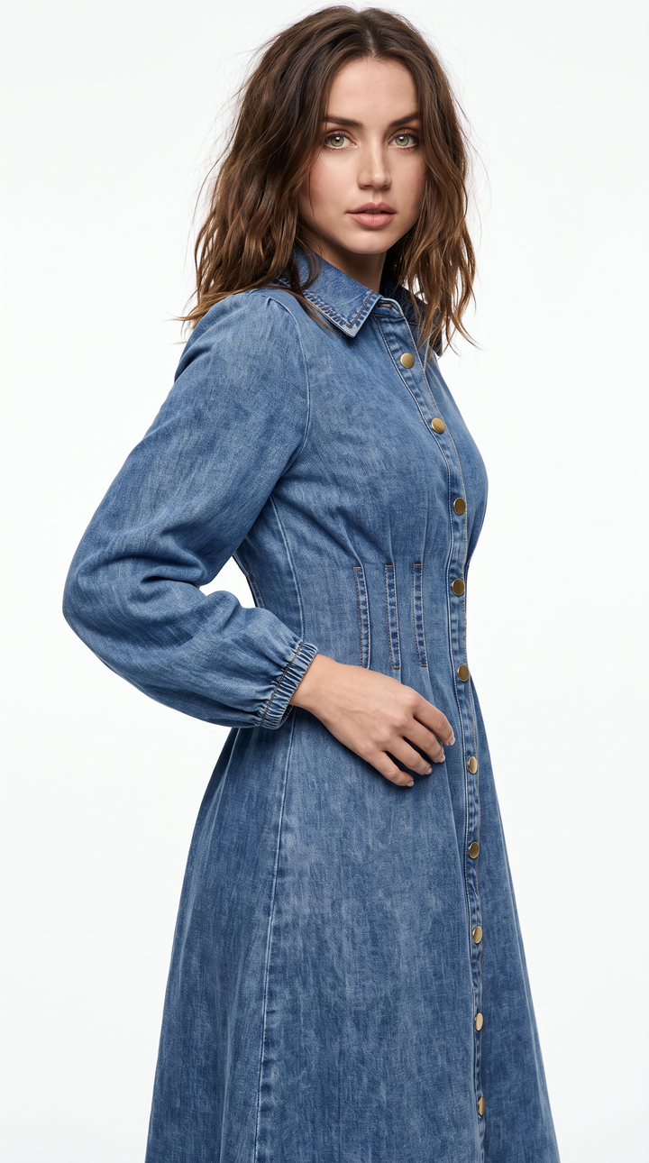Denim Maxi Shirt Dress - Mid Wash