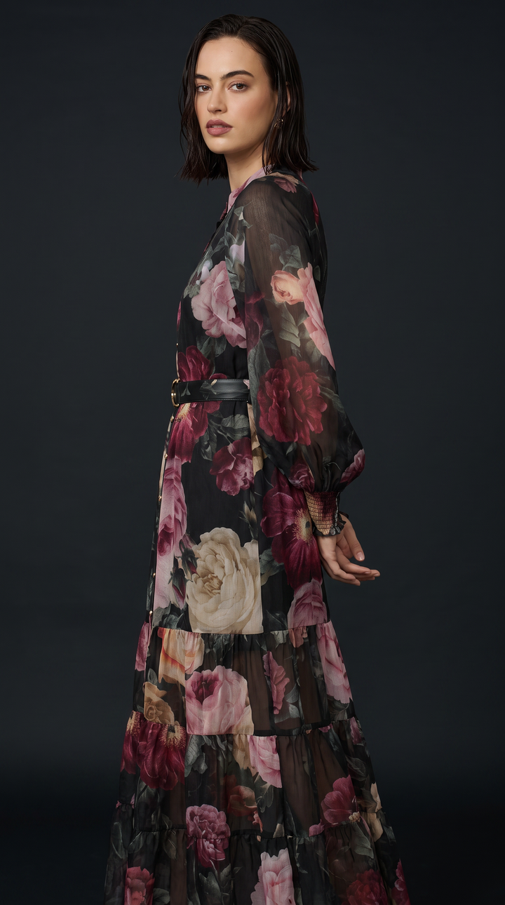 Floral Print Balloon Sleeve Maxi Dress - Floral
