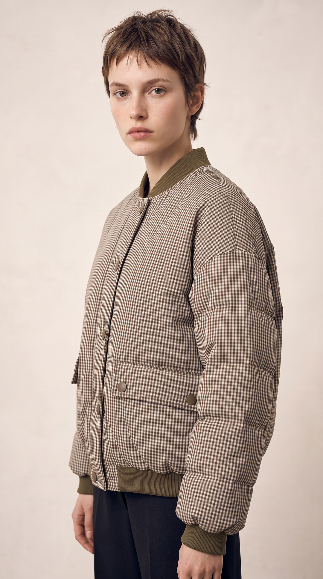 Gingham Check Puffer Bomber - Brown Check