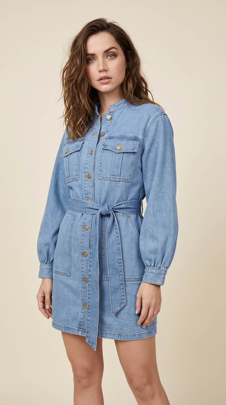 Denim Balloon Sleeve Mini Dress - Denim Wash